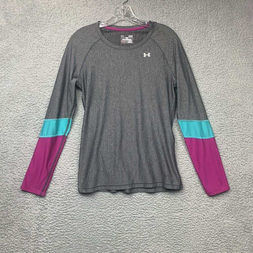 Under Armour Shirt Womens S Gray Athletic Fitted Heatgear Logo Long Sleeve